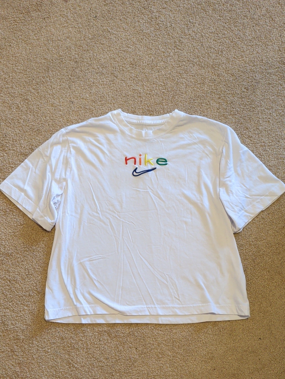 Nike White Short Sleeve Tee with Rainbow Embroidered Logo